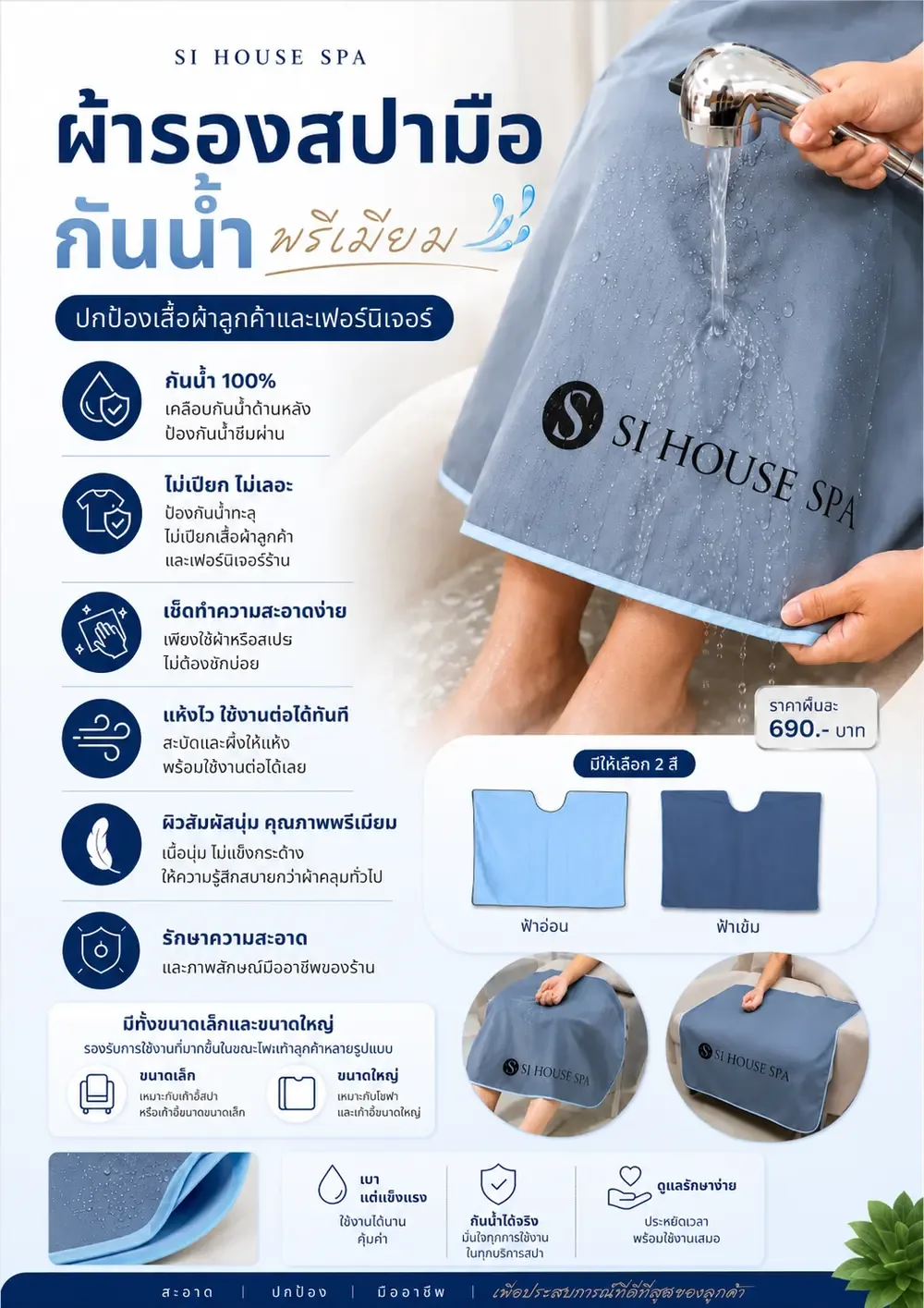 ผ้ารองกันน้ำสำหรับใช้ระหว่างบริการสปามือและสปาเท้า ปกป้องเสื้อผ้าลูกค้าและเฟอร์นิเจอร์ เช็ดทำความสะอาดง่าย แห้
